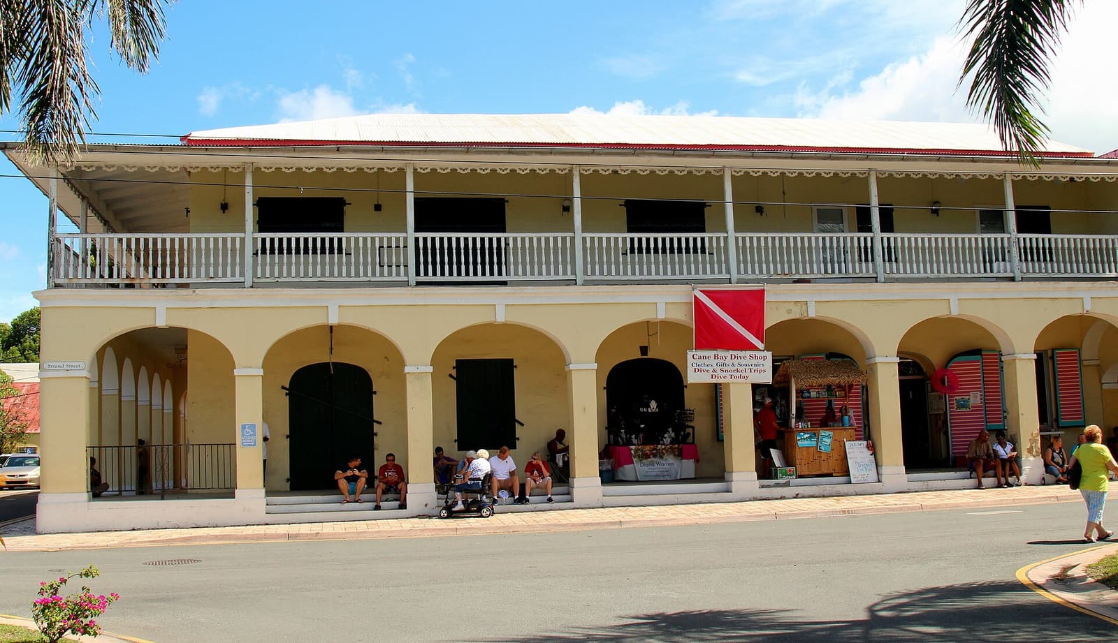 The arcaded stone and wood buildings of the Frederiksted waterfront on St. Croix